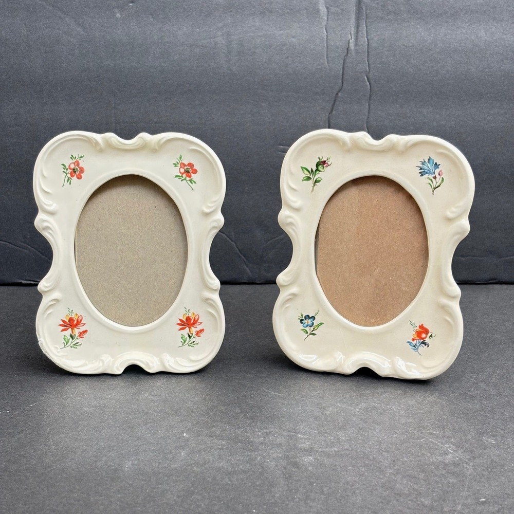 Vintage Small Ceramic Floral Picture Frames Set of 2 Cream Oval Tabletop